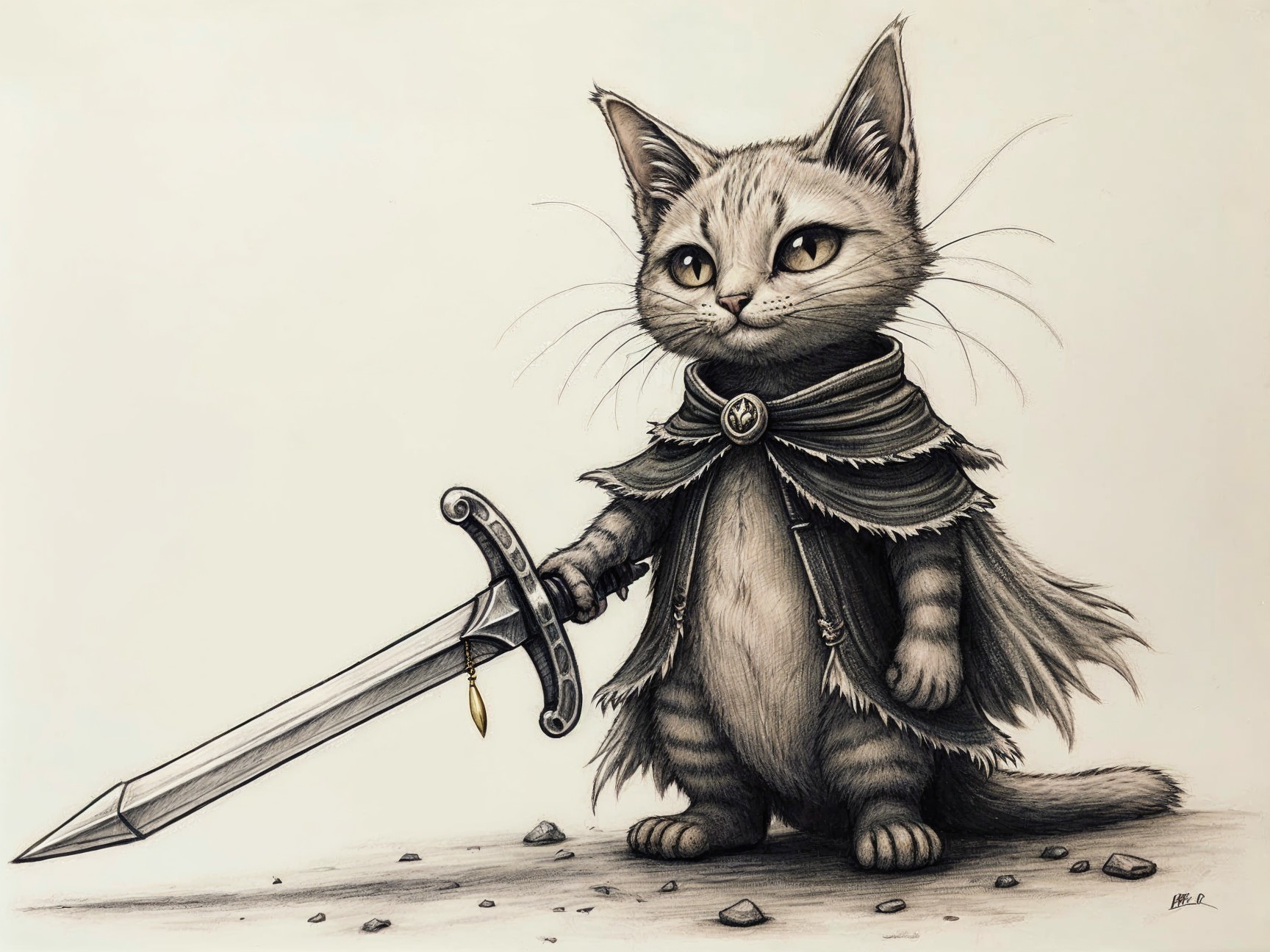 Illustration of a heroic cat with a sword and cloak