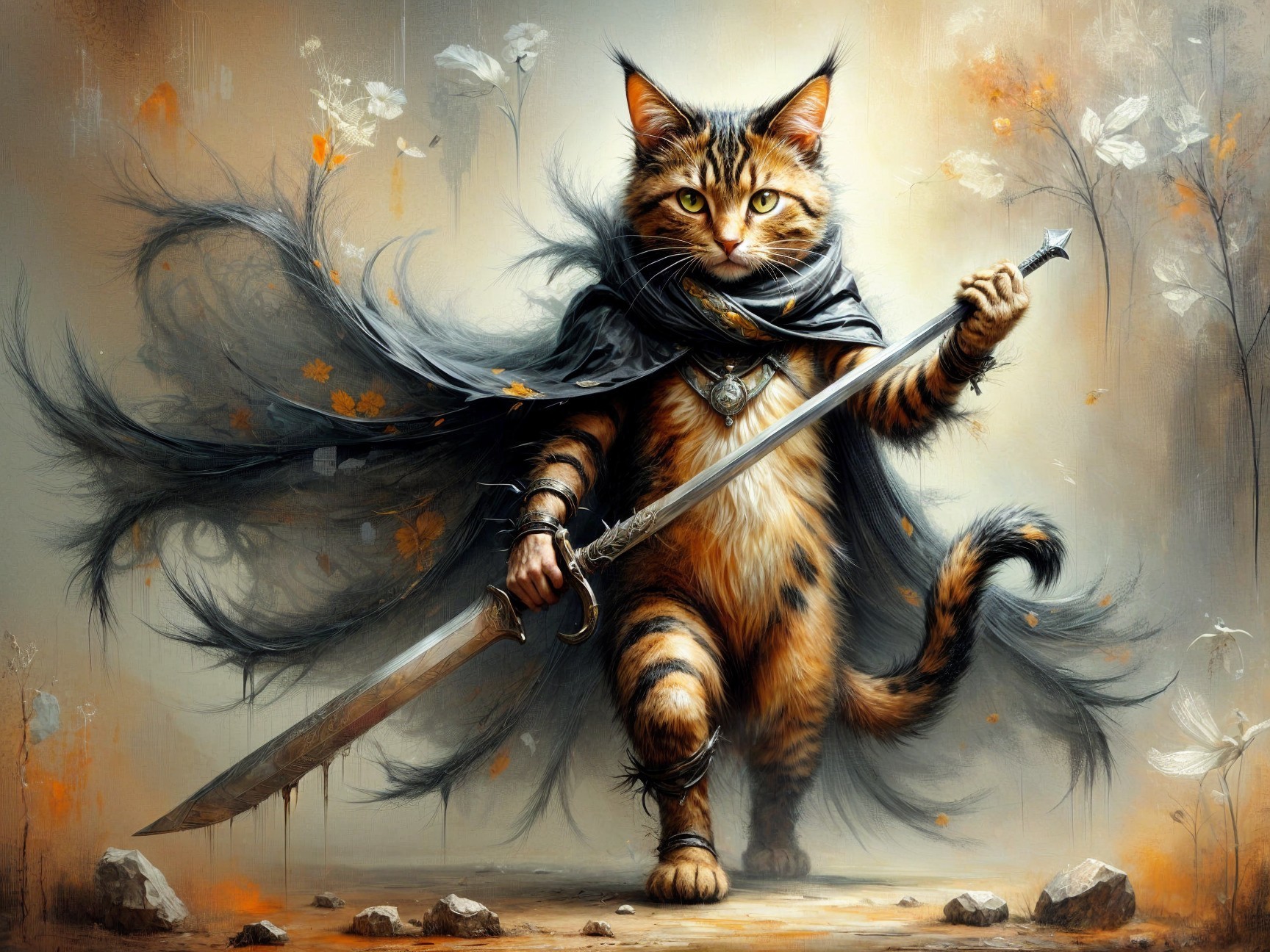 Regal Cat in Black Cape with Sword and Autumn Background