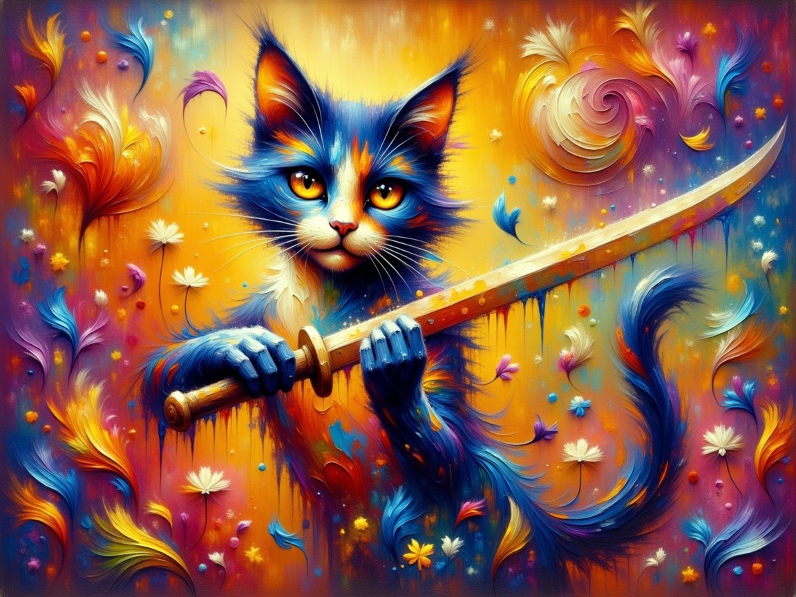 Vibrant Cat with Sword in Colorful Swirling Background