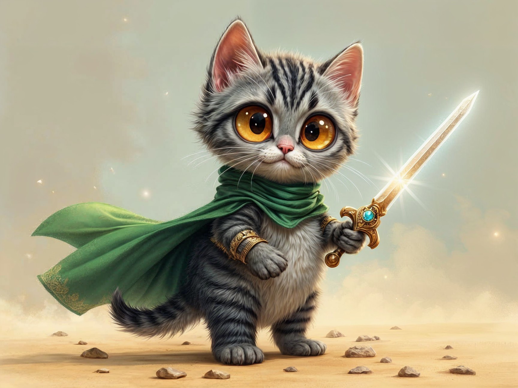 Fluffy Striped Kitten in Cape with Sword in Desert