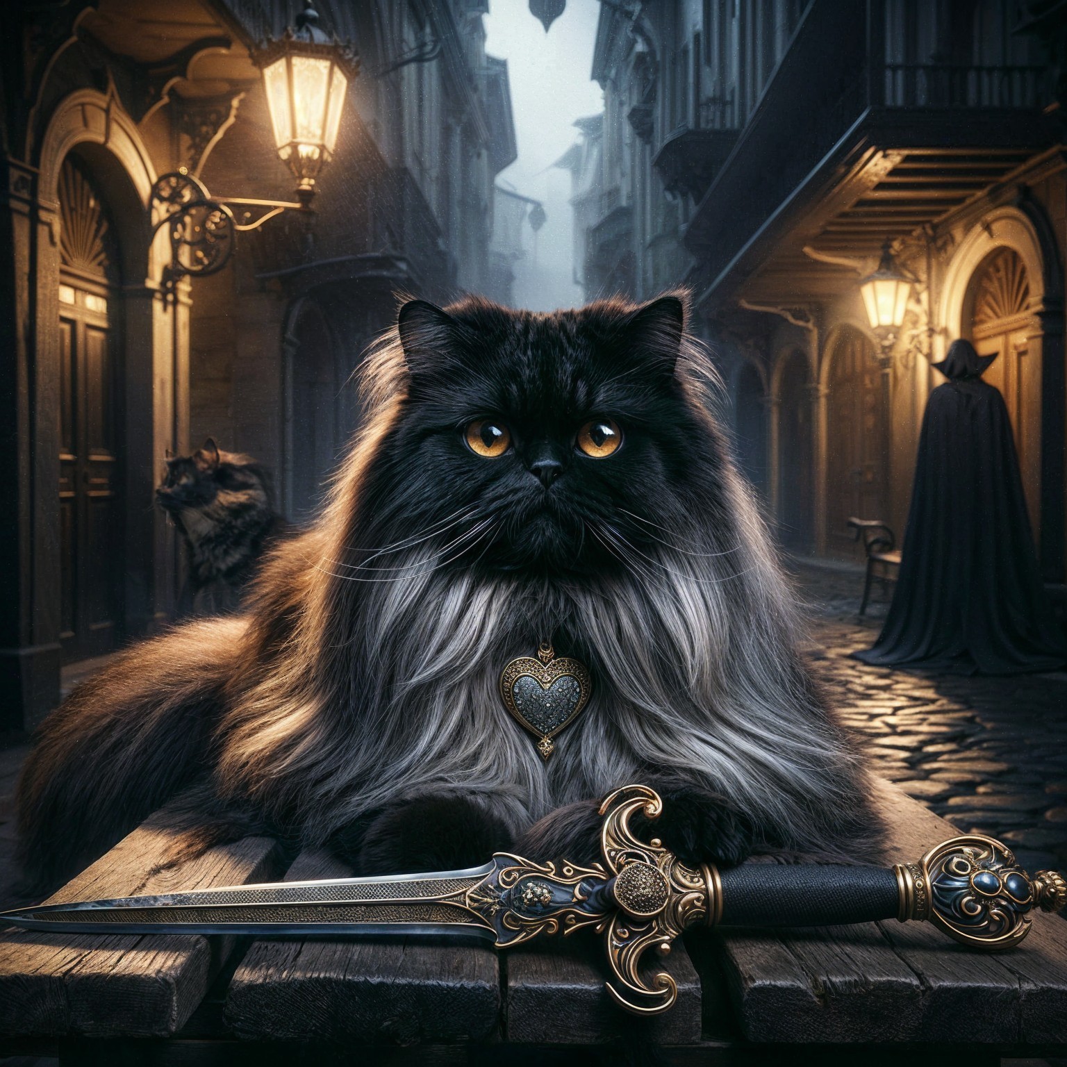 Long-Haired Cat with Golden Eyes in Dim Alley