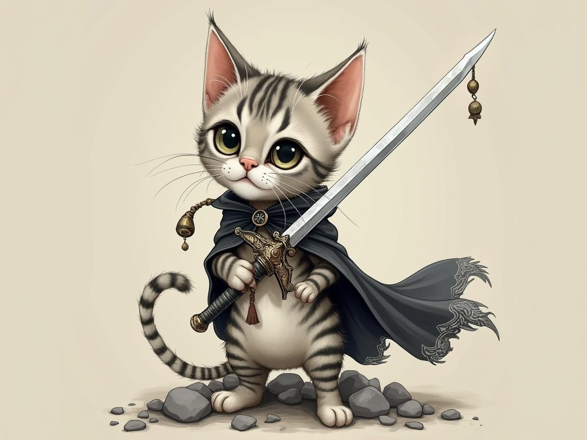 Cartoon Kitten in Cloak with Sword in Fantasy Setting