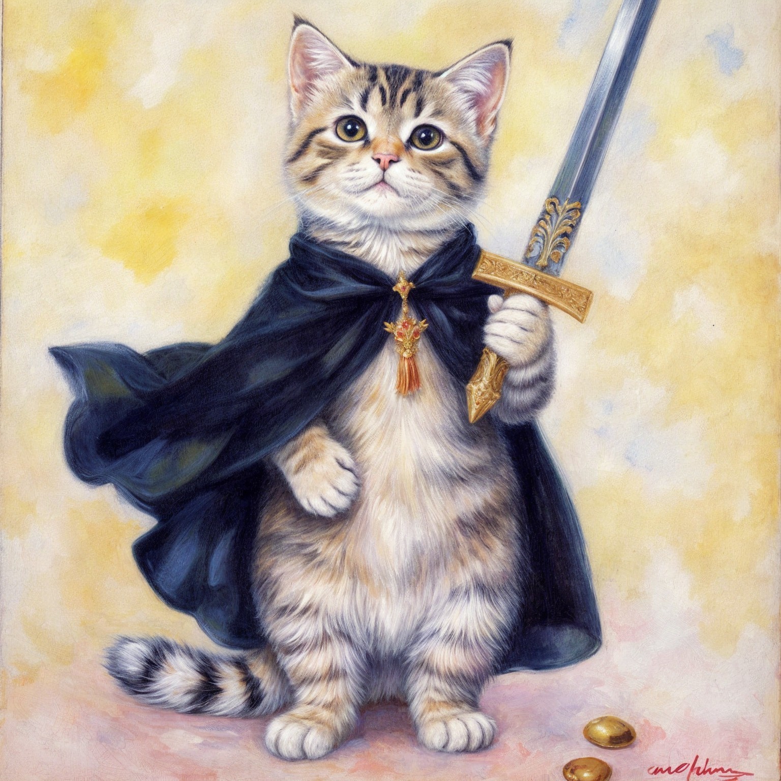 Regal Tabby Cat in Black Cape with Sword and Emblem