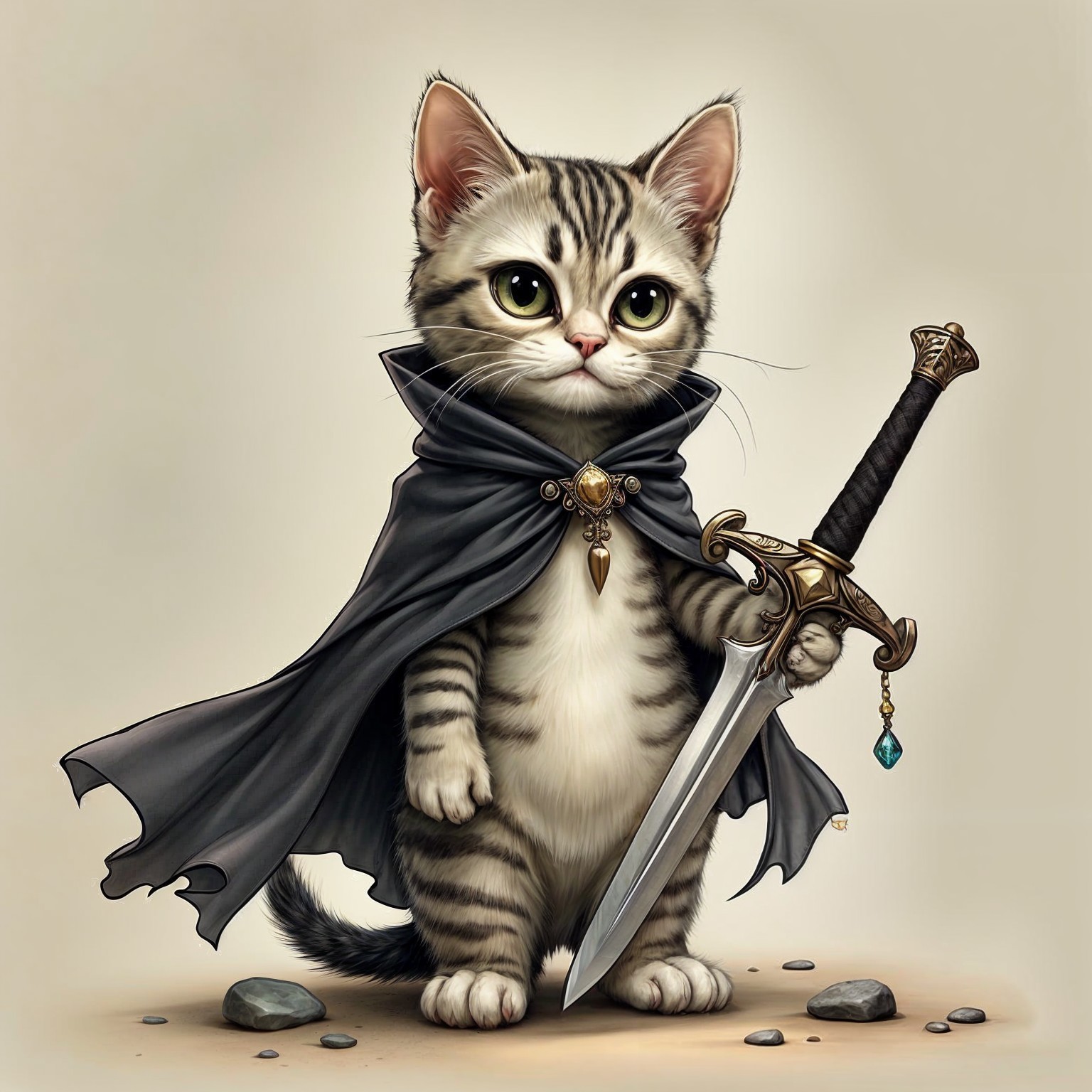 Cartoon Kitten in Cloak with Jeweled Sword