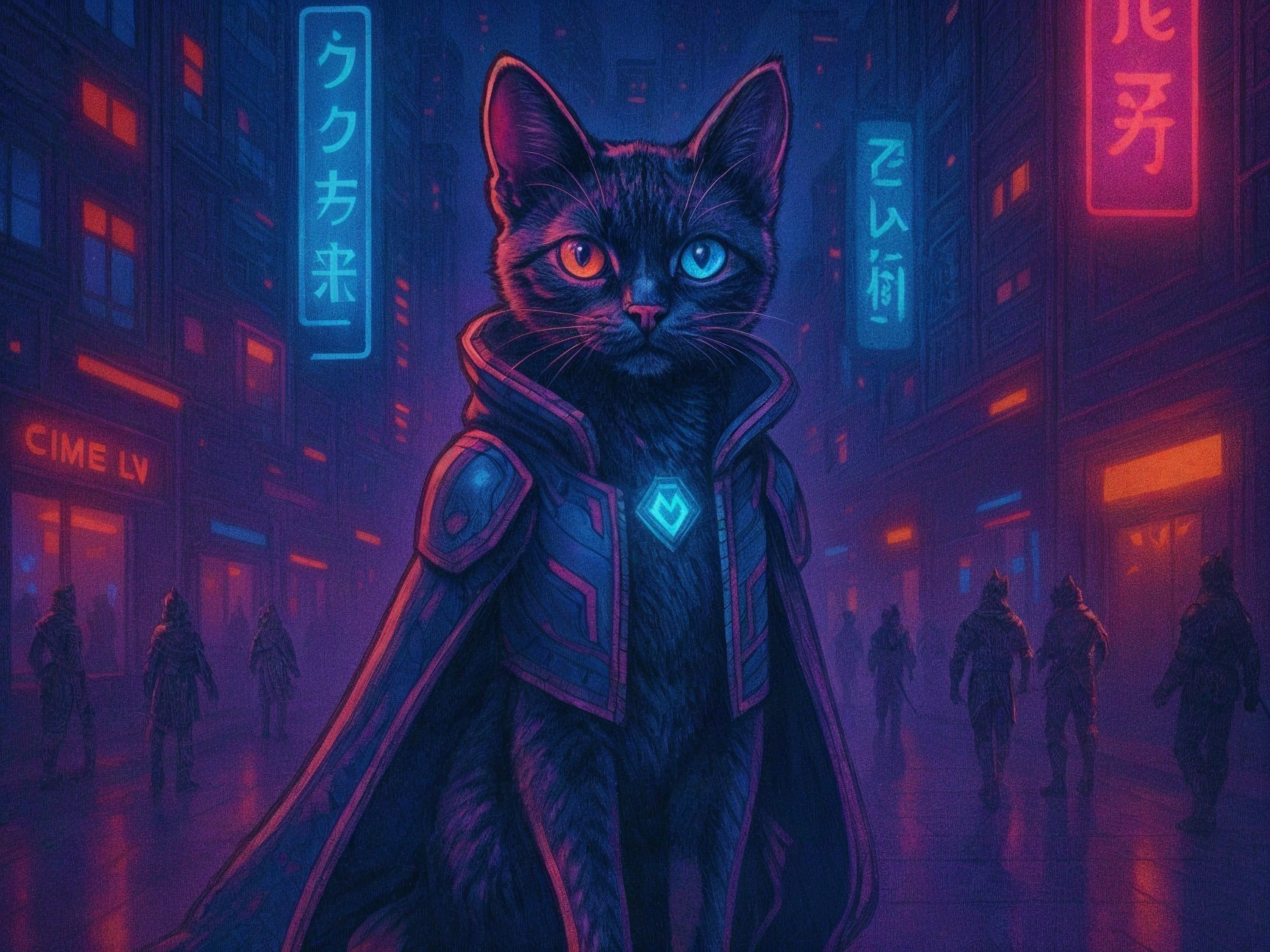 Cyberpunk Cityscape with Black Cat in Cloak