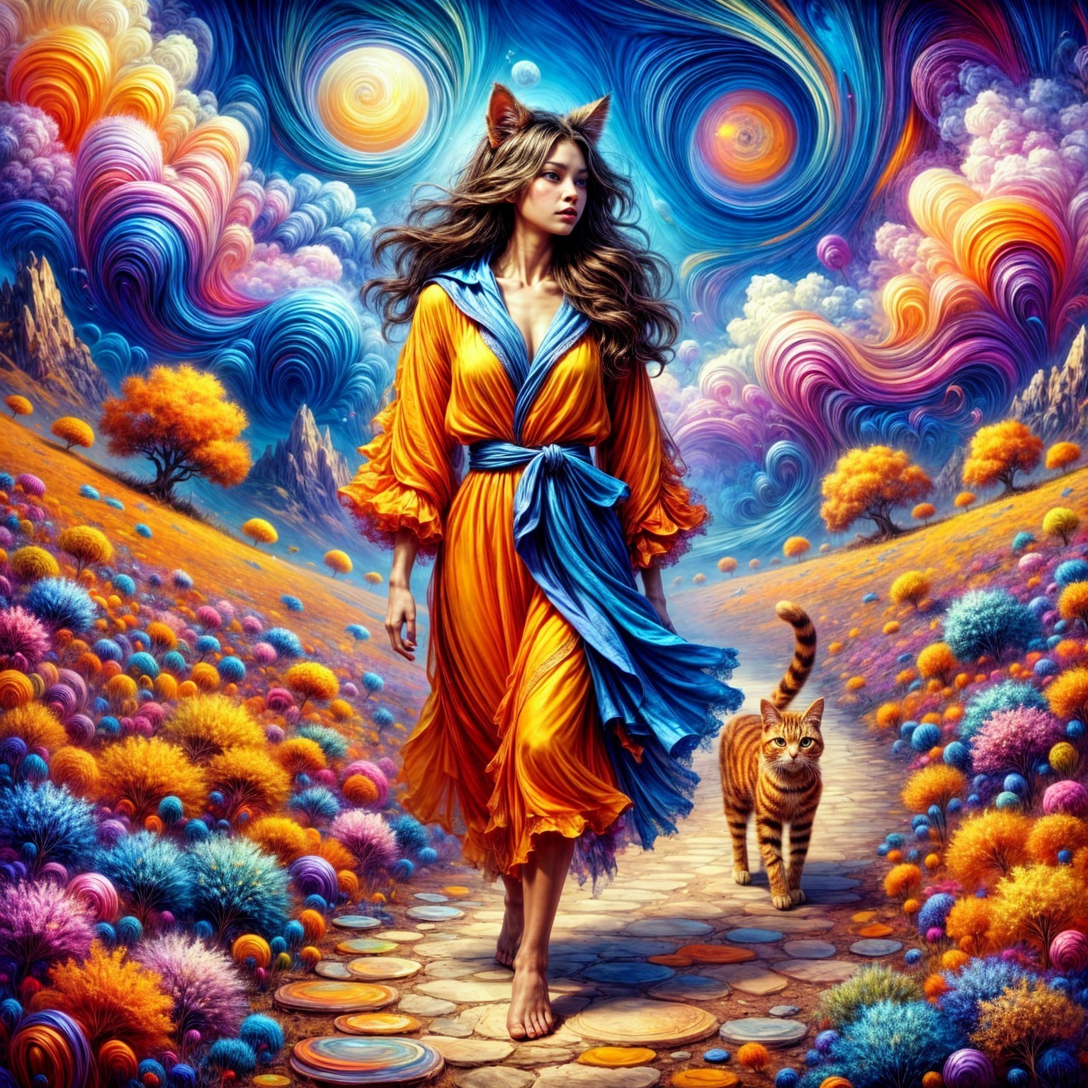 Woman with Cat Ears Walking on Colorful Pathway