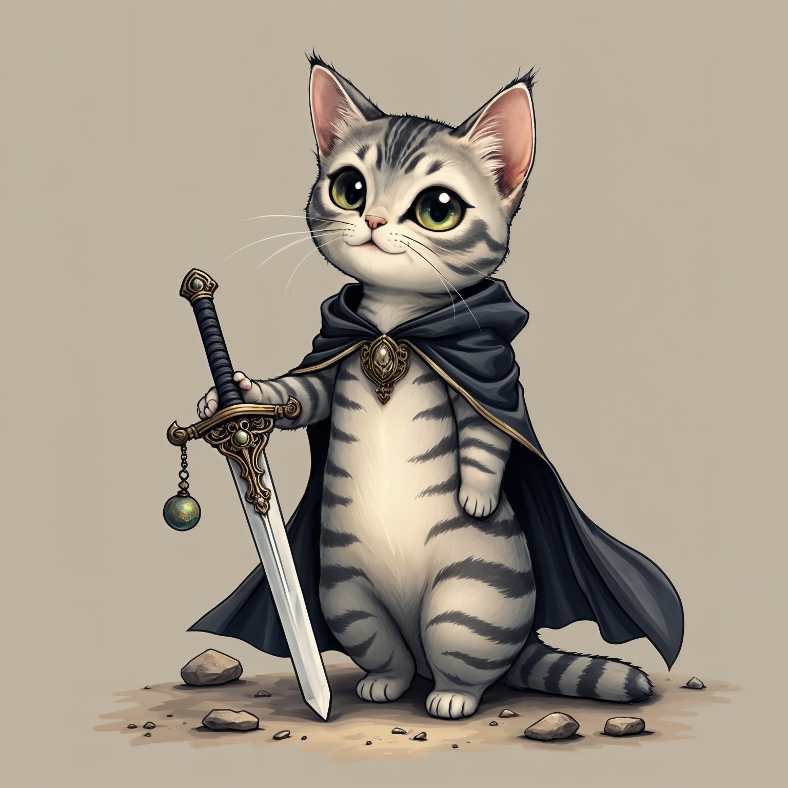Cartoon Cat with Sword and Black Cape in Heroic Pose