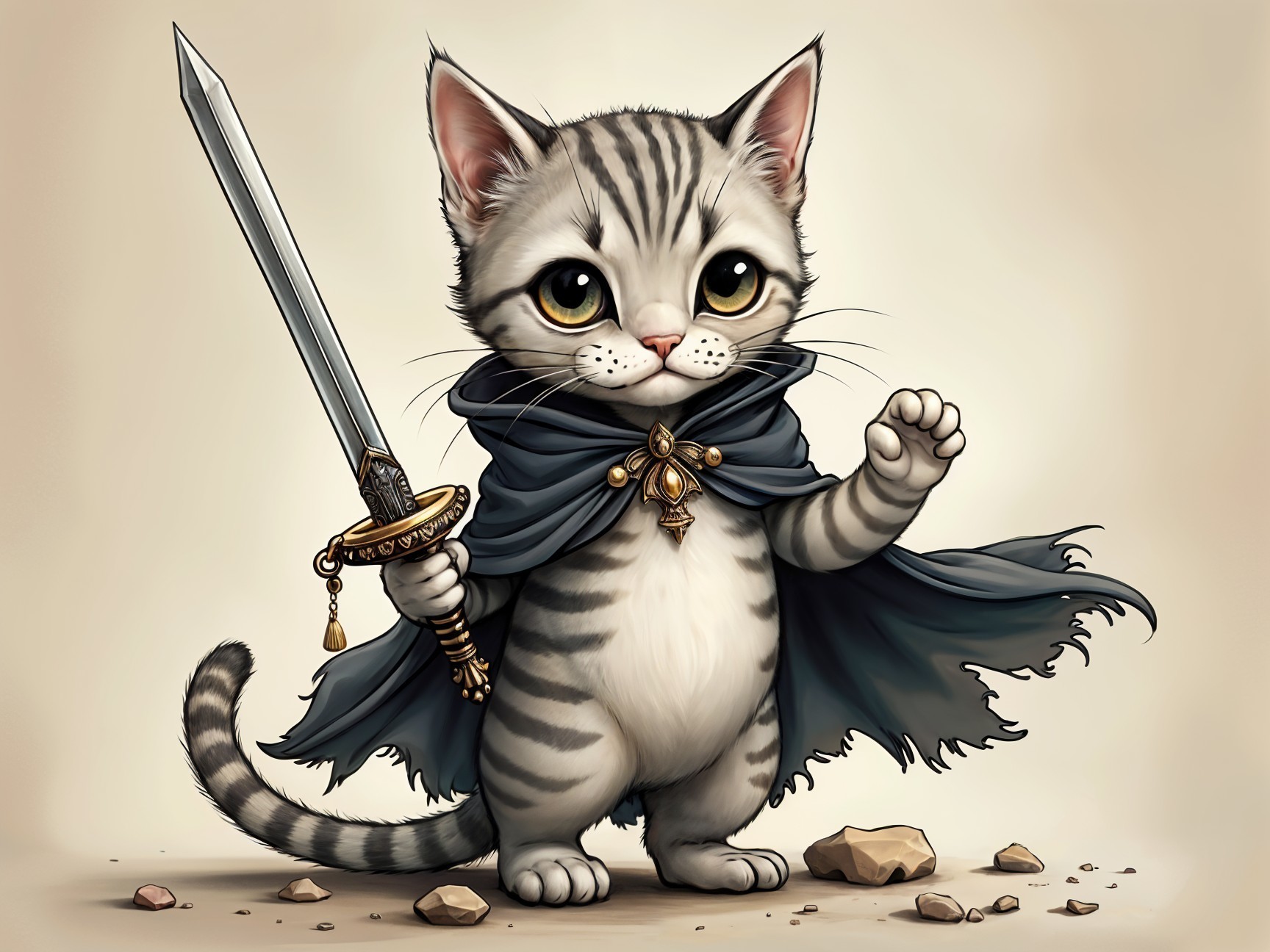 Cartoon Kitten Warrior with Sword and Cape in Fantasy Setting