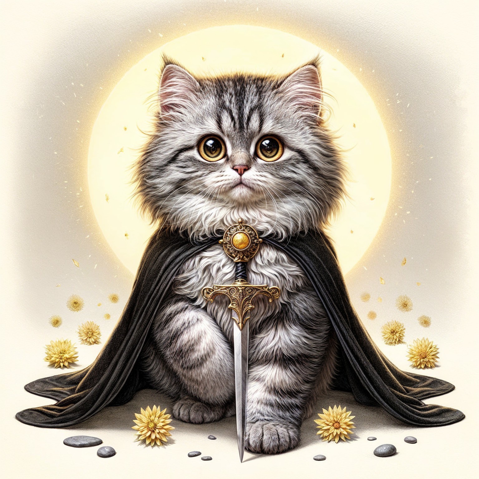 Majestic Persian Kitten with Sword and Moonlit Background