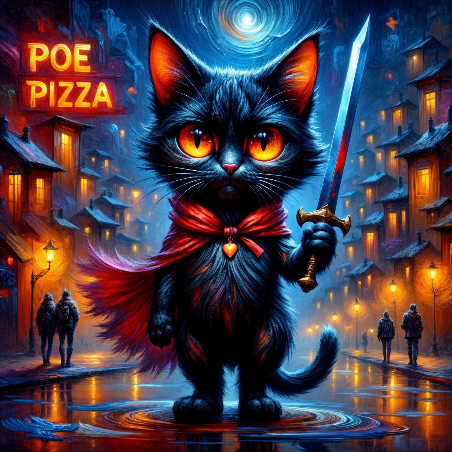 Whimsical Black Cat in Moonlit Cityscape with Sword