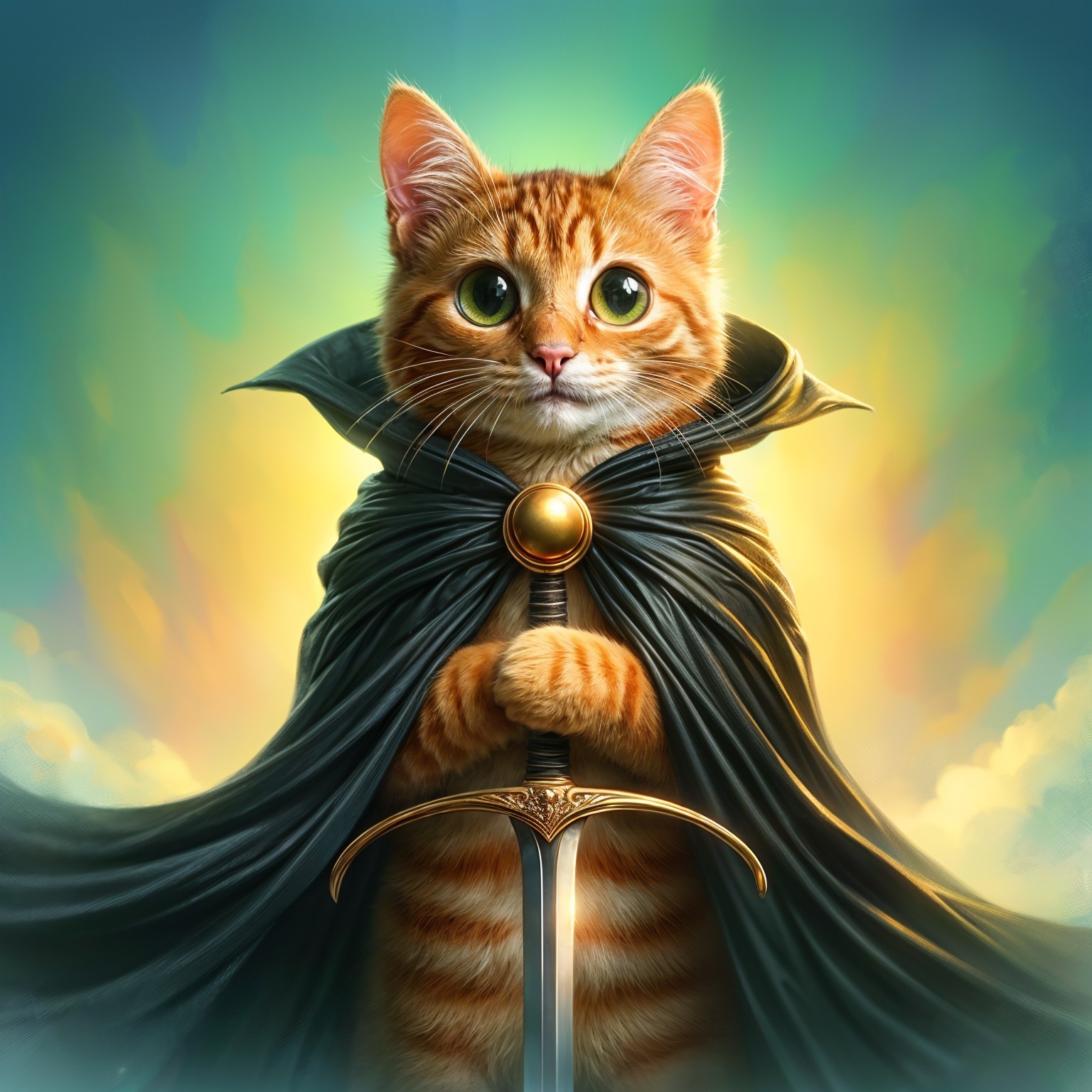 Orange Tabby Cat in Cloak with Sword in Fantasy Scene