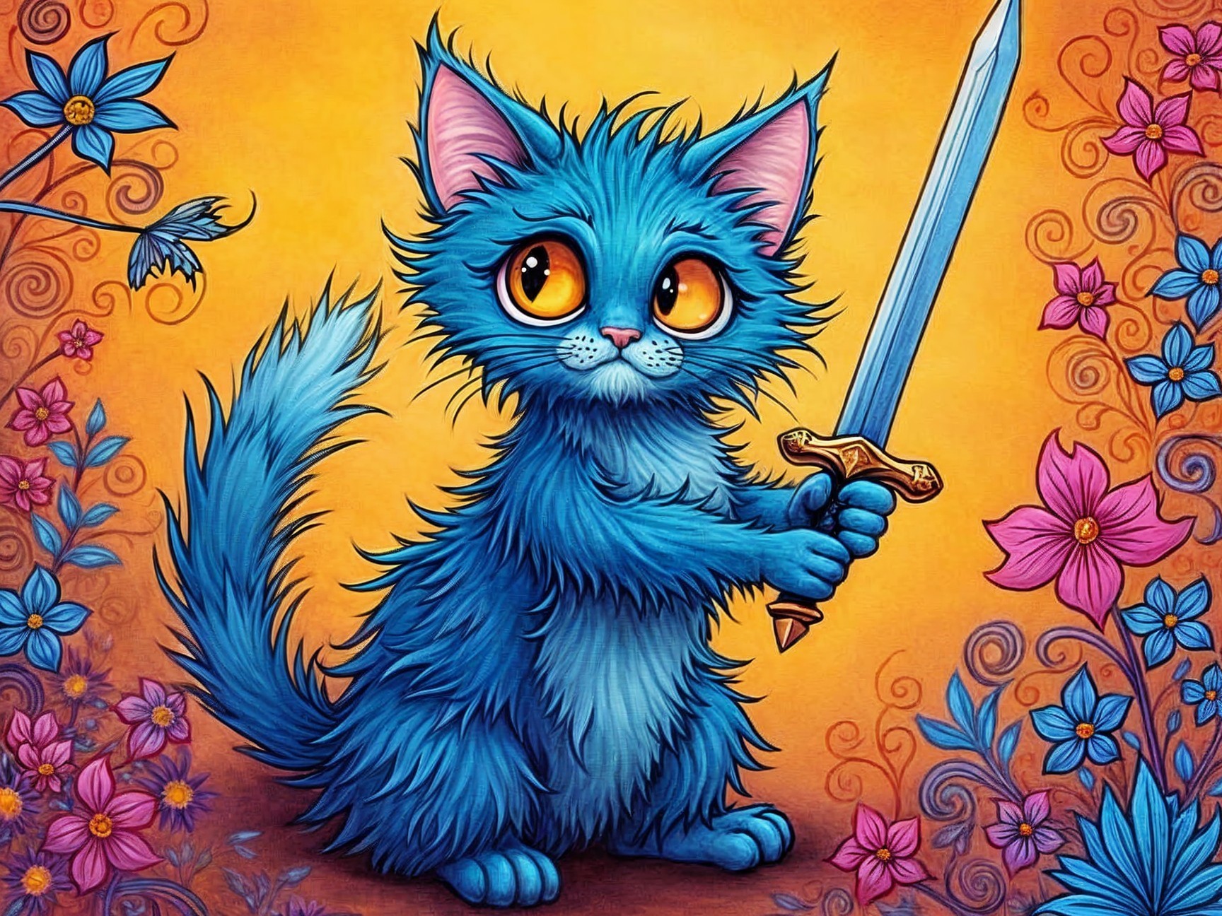 Whimsical Blue Cat with Sword on Vibrant Background