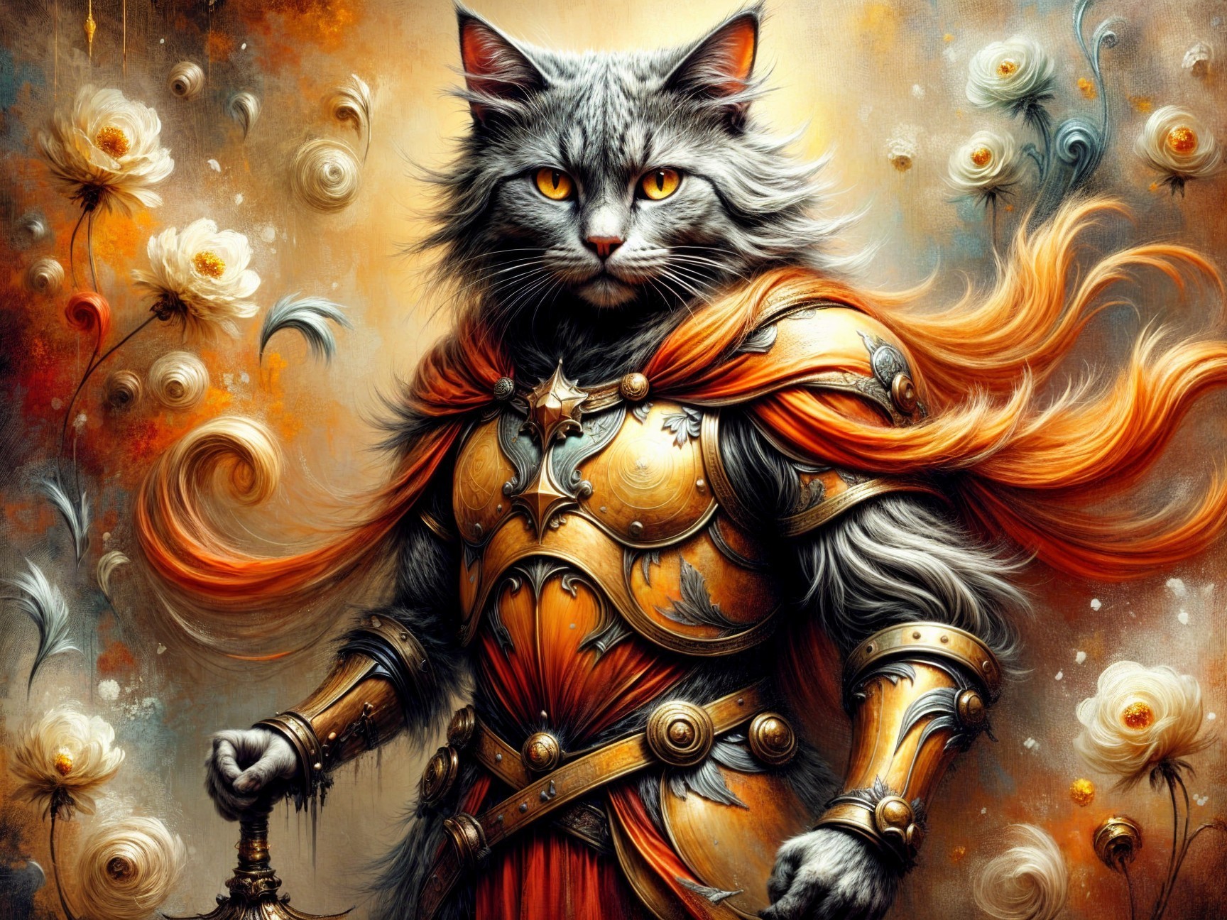 Heroic Cat in Armor Amidst Floral Splendor