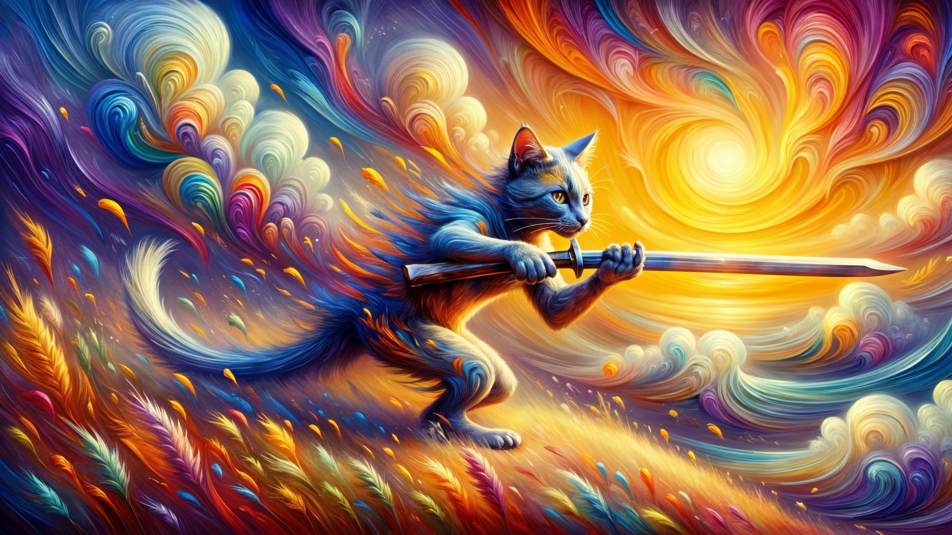 Surreal Landscape with Feline Warrior and Colorful Patterns