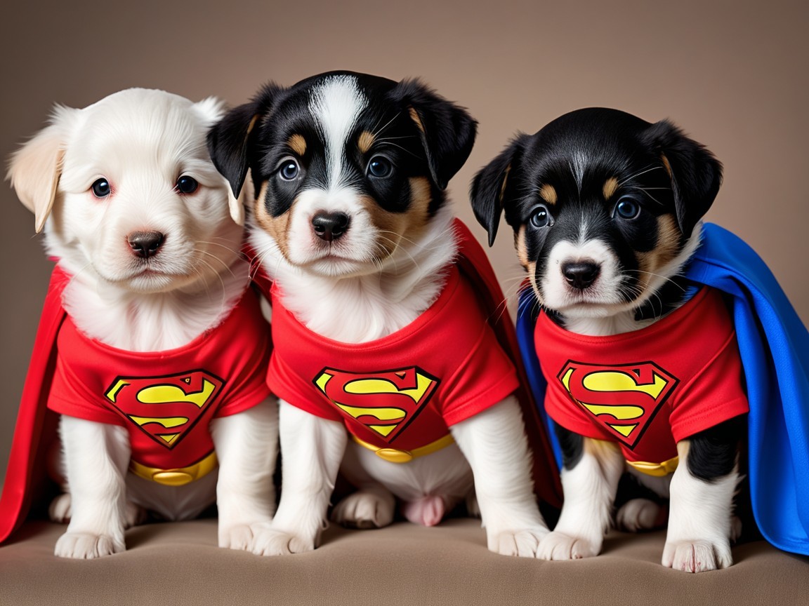 Three puppies in superhero outfits with capes