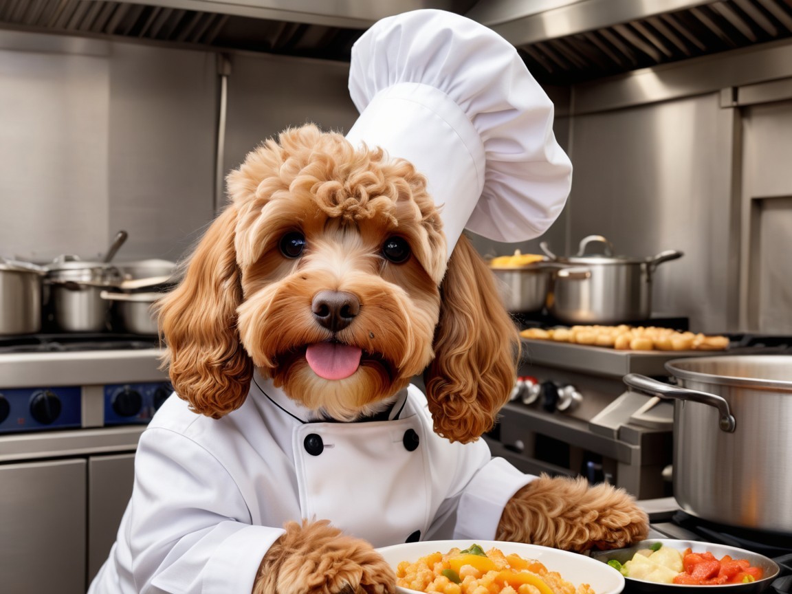 Dog in Chef Uniform in Lively Kitchen Setting