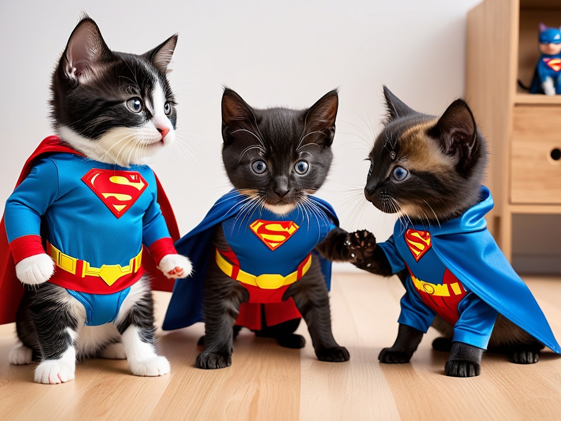 Kittens in Superhero Costumes on Wooden Floor