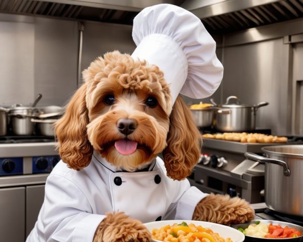 Dog in Chef Uniform in Lively Kitchen Setting