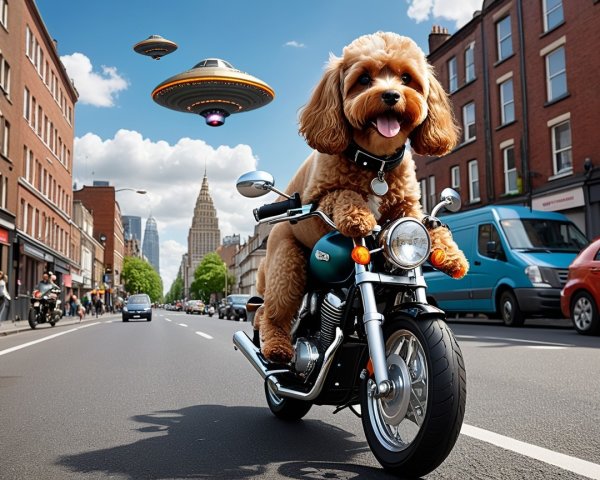 Fluffy Dog on Motorcycle with UFOs in City Scene