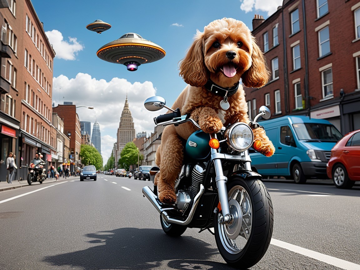 Fluffy Dog on Motorcycle with UFOs in City Scene