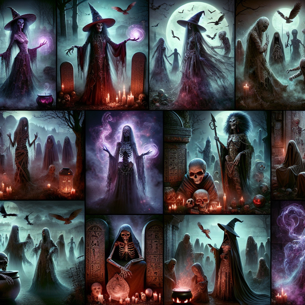 Collage of Witches and Skeletal Figures in Graveyard