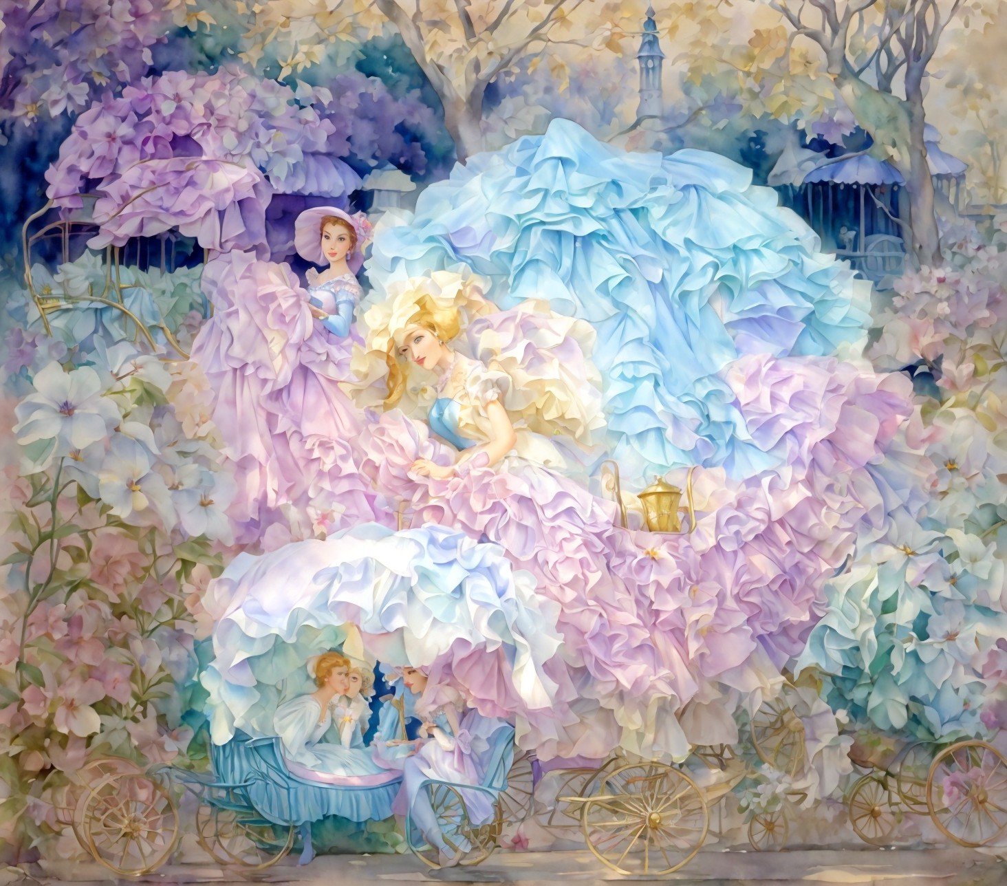 Whimsical Scene of Elegantly Dressed Women and Carriages