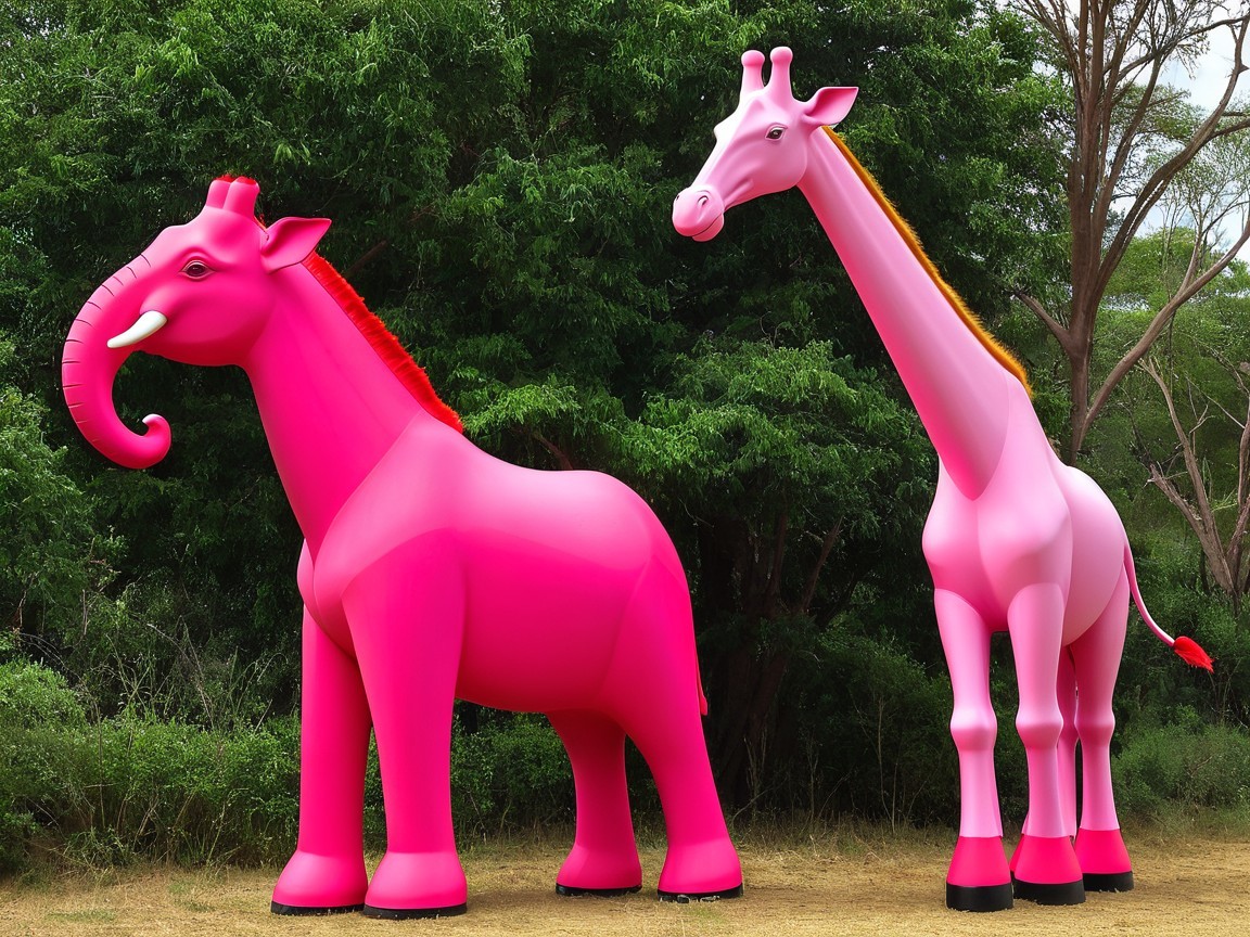 Whimsical Pink Elephant and Giraffe Sculptures in Greenery