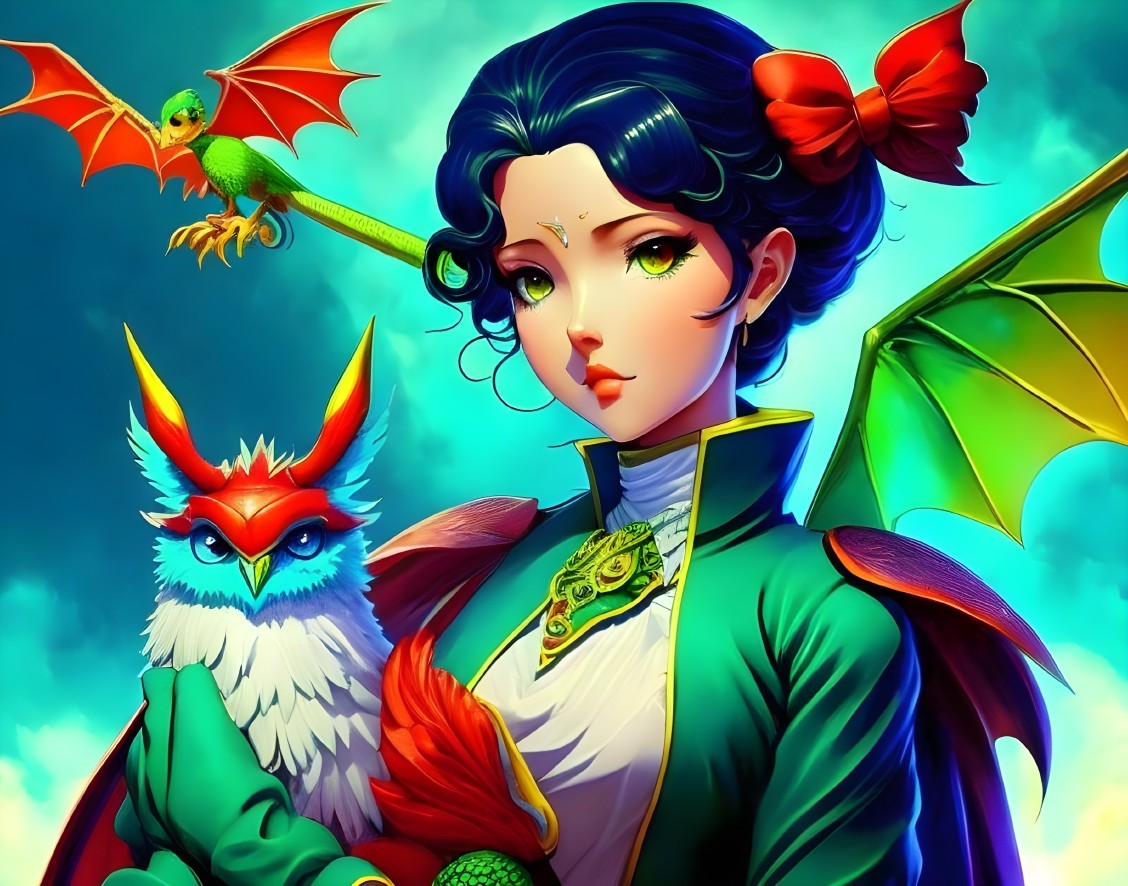 Fantasy Scene with Young Woman and Magical Creatures