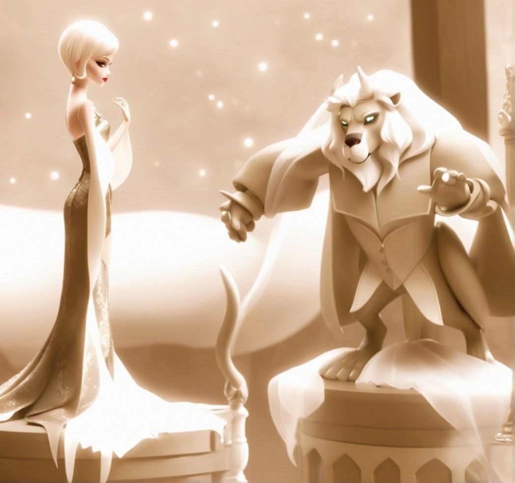 Dreamlike Scene with Figure and Majestic Lion Statue