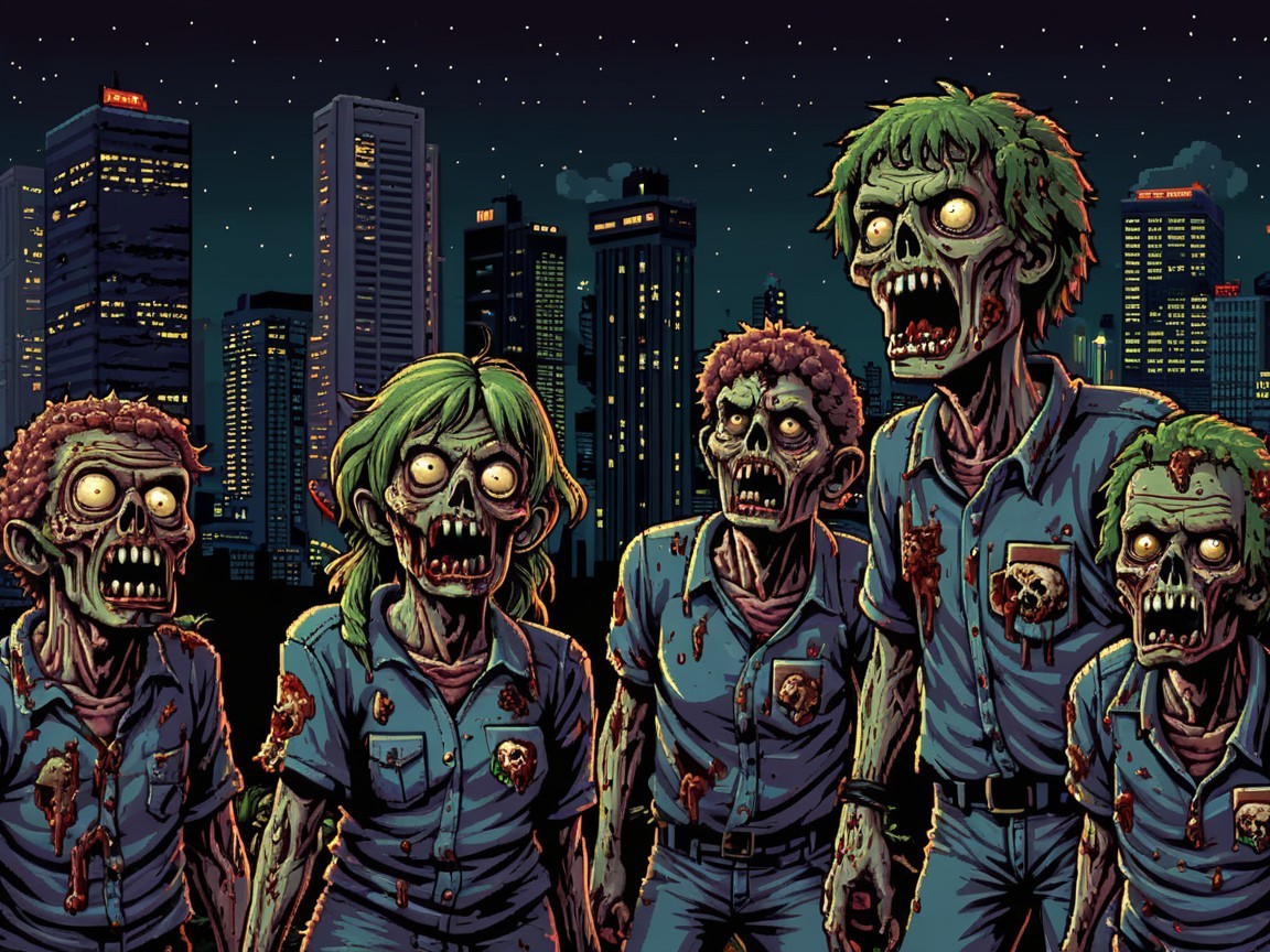 Grotesque Zombies in Nighttime Cityscape Setting