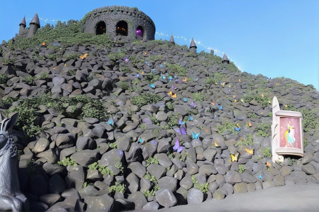 Whimsical Hillside with Butterflies and Castle Scene
