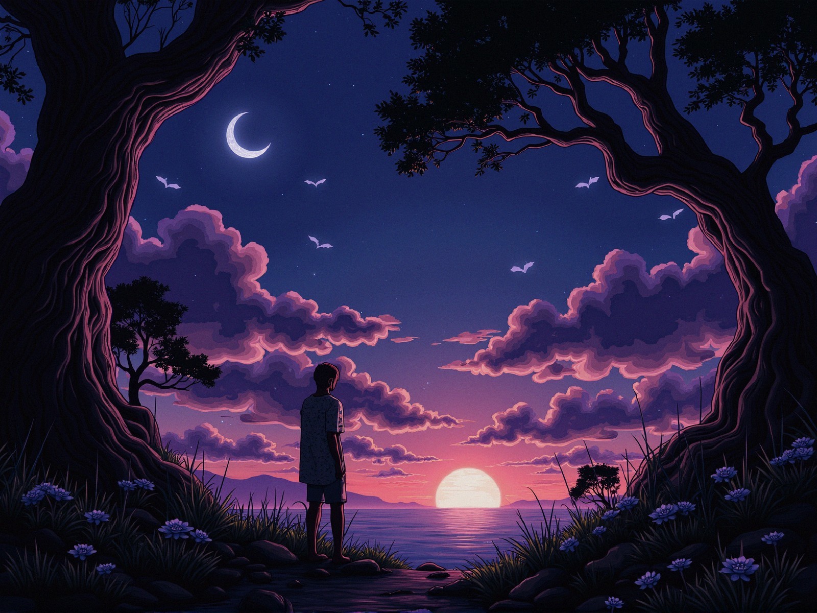 Twilight Scene with Figure by Water and Sunset Colors