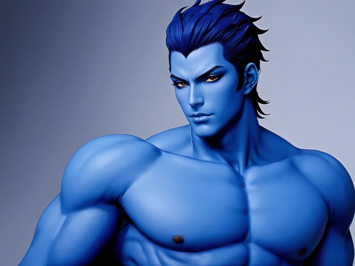 Muscular Blue-Skinned Character with Intense Features