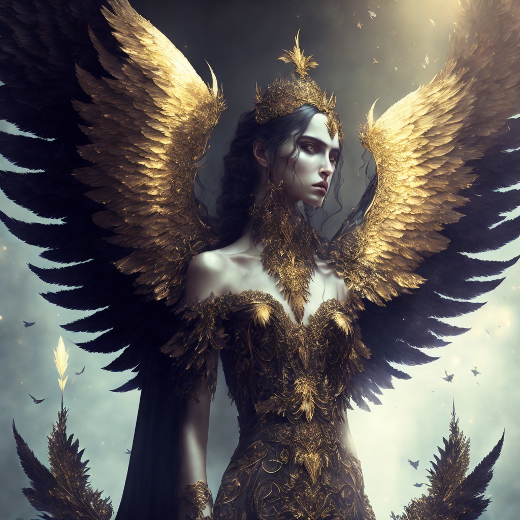 Fantasy Goddess Queen with Gold Wings and Dress