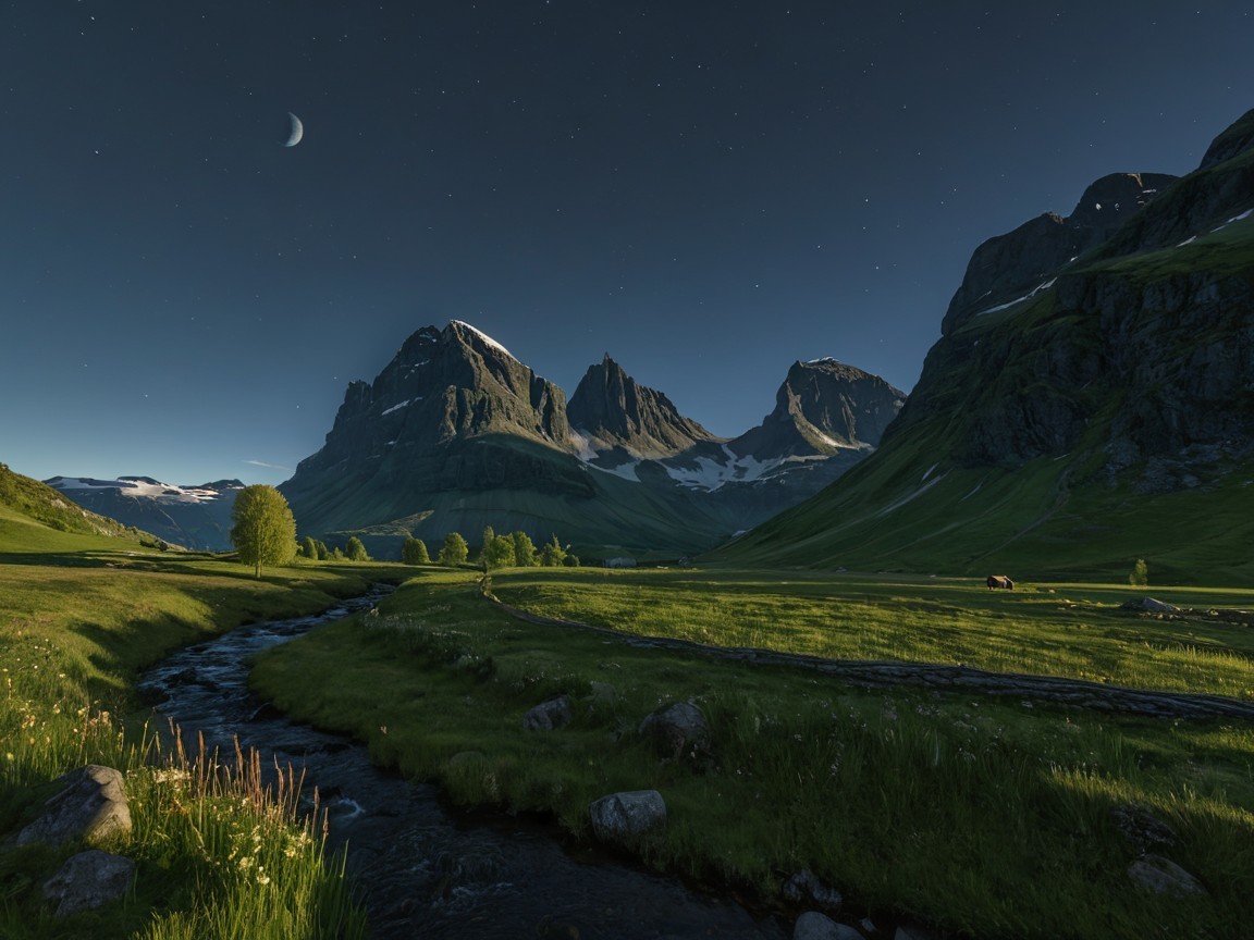 Serene Night Landscape with Mountains and Stream
