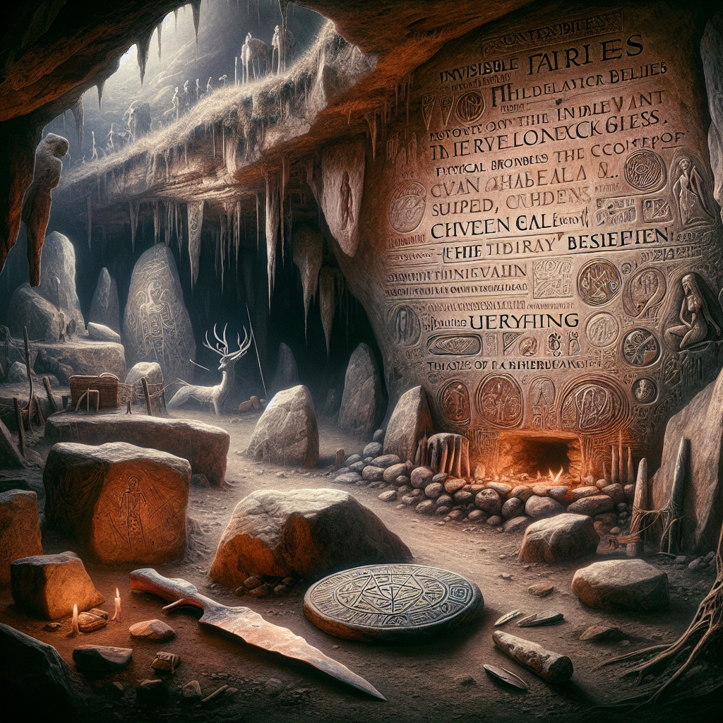 Mystical cave with ancient inscriptions and artifacts