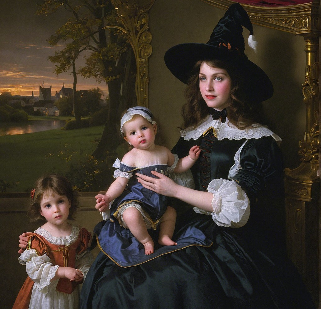 Woman in Black Dress with Baby and Girl at Twilight