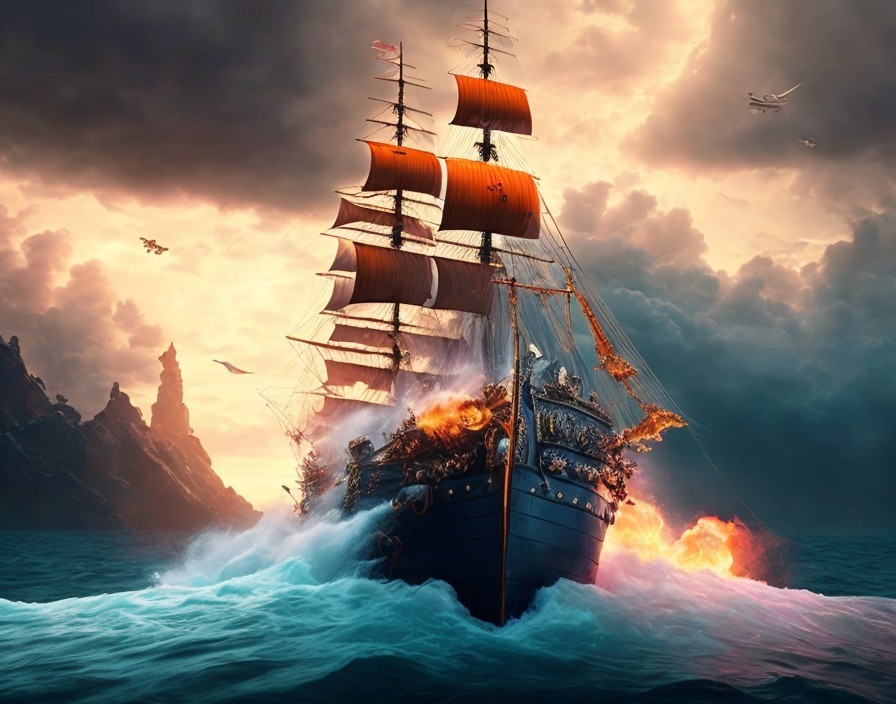 Majestic ship with orange sails in stormy waters