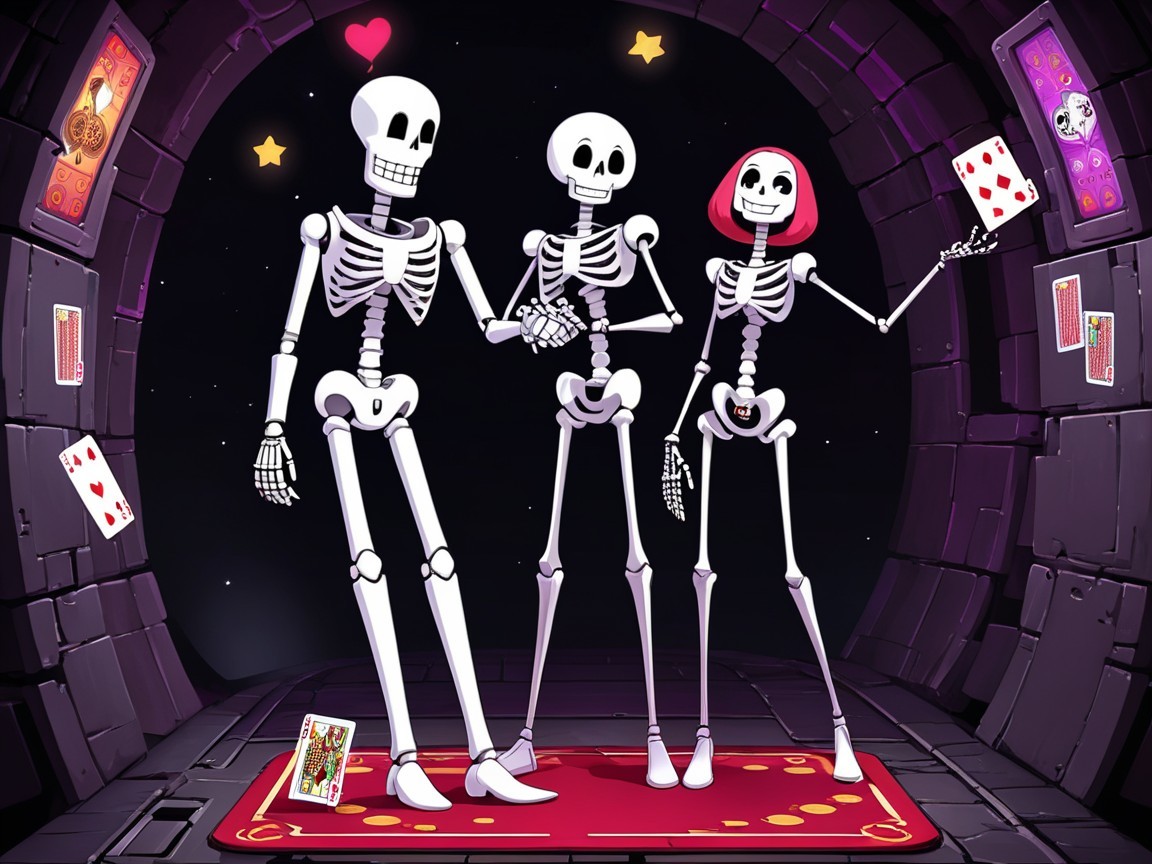 Cartoon Skeletons in a Dimly Lit Chamber Scene