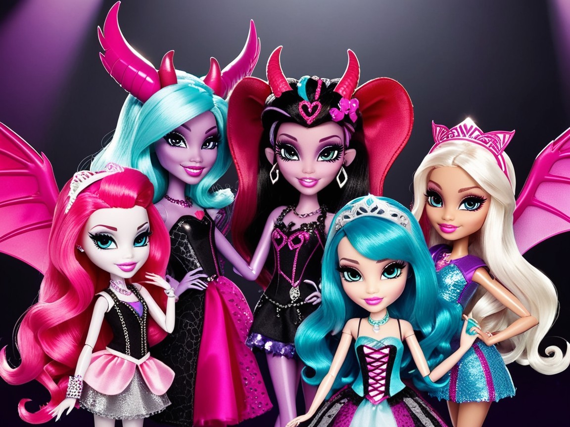 Stylized dolls with vibrant hairstyles and costumes