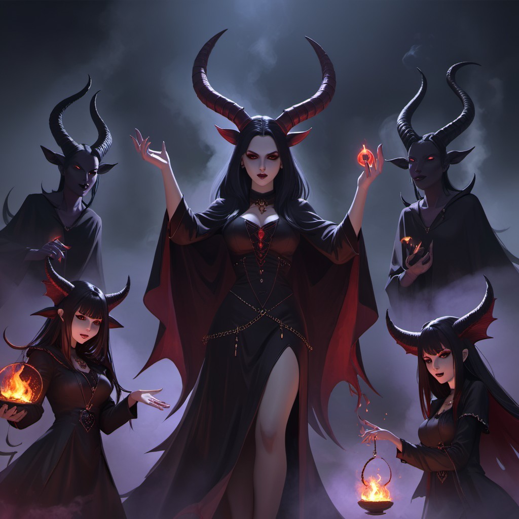 Sorceress with Dark Figures and Fiery Magic Orb