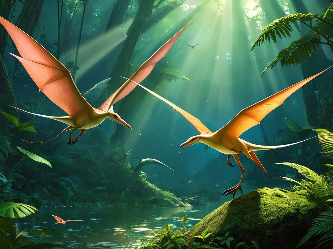 Pterosaurs Soaring Over a Prehistoric Jungle Pond
