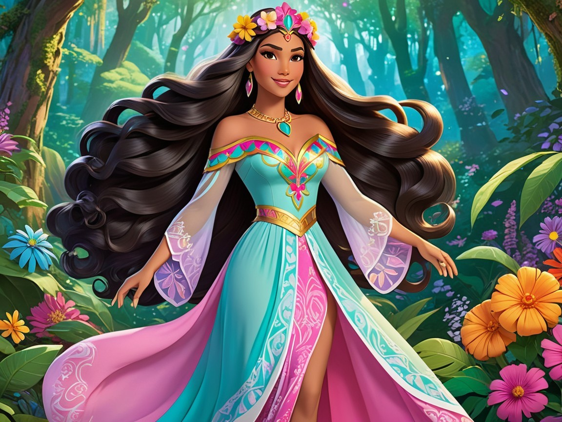 Young woman in colorful gown in vibrant forest