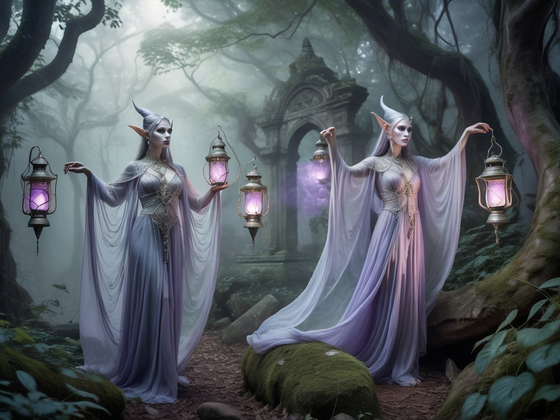 Elegant Elf-like Women in a Mystical Forest Setting