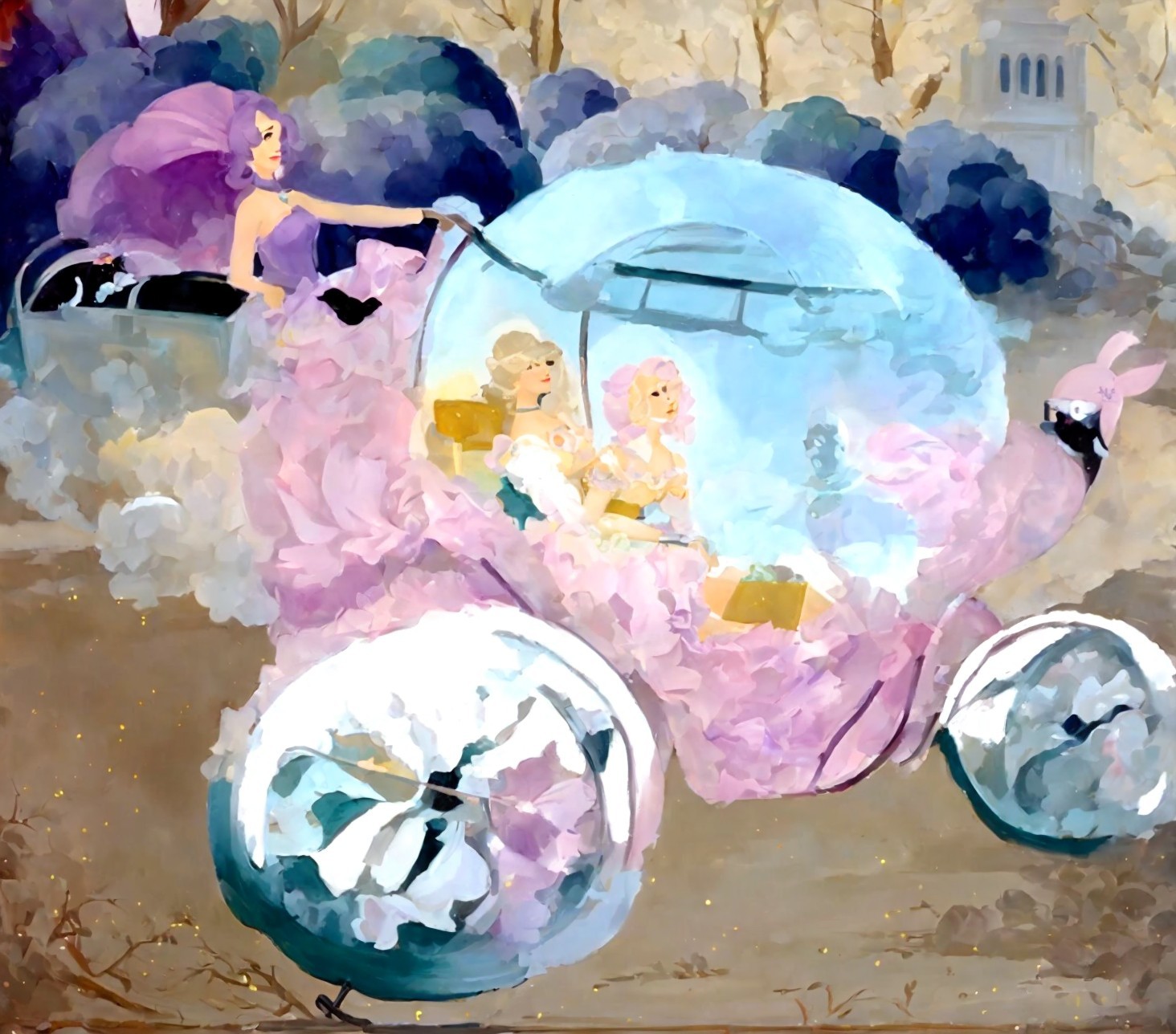 Whimsical Dreamy Scene with Glass Carriage and Clouds