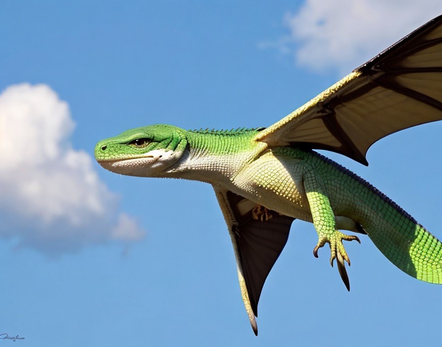 Green Dragon-Like Lizard Soaring in Blue Sky