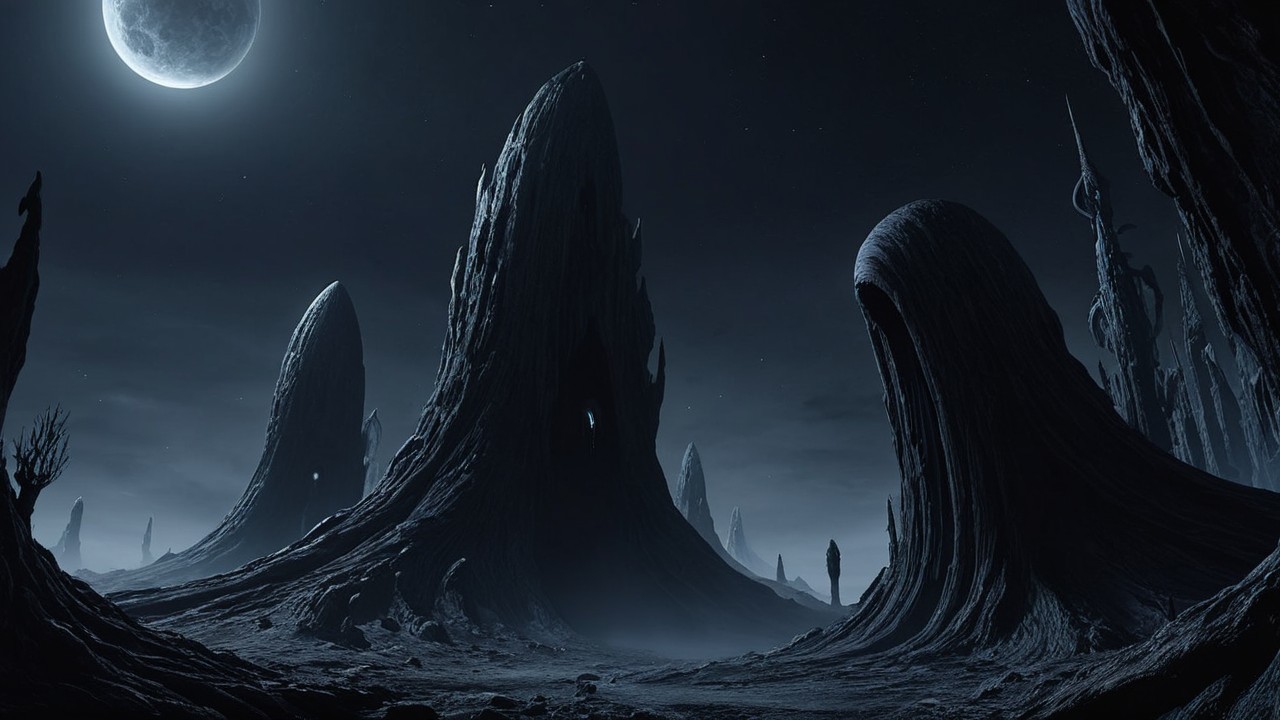 Alien Night Landscape with Abstract Rock Formations