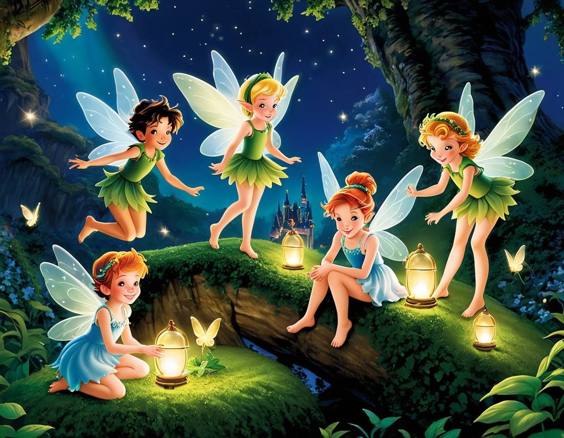 Cheerful Fairies in a Magical Nighttime Forest Scene