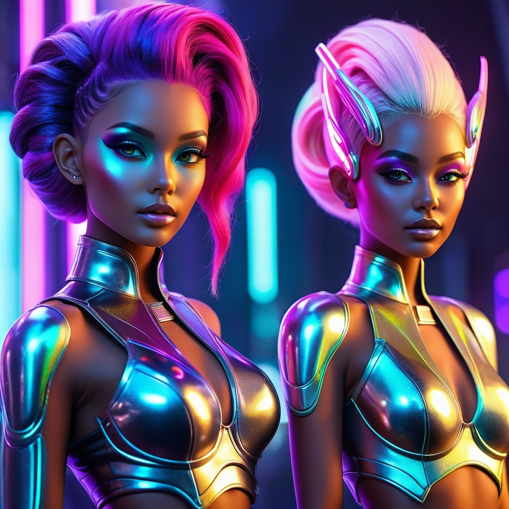 Futuristic Female Figures with Vibrant Hairstyles and Outfits