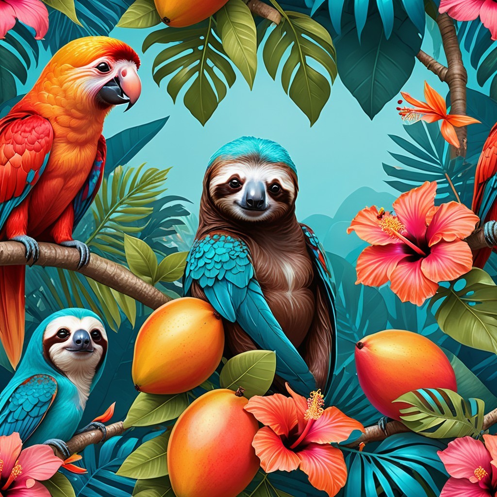 Vibrant Tropical Scene with Parrots and Sloth